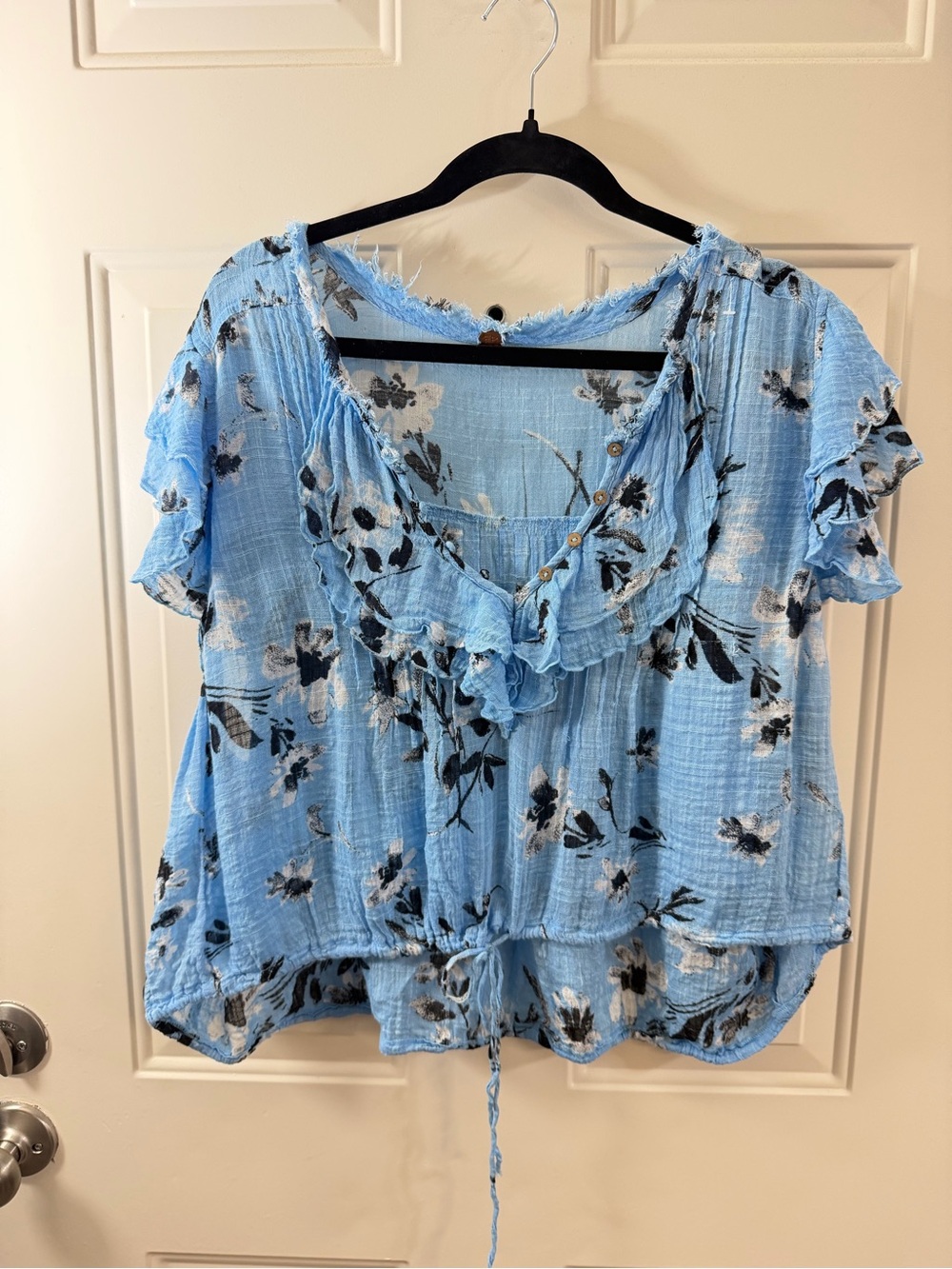 Free People One Blue Floral Gauze Blouse Womens XL Oversized Boho 0391